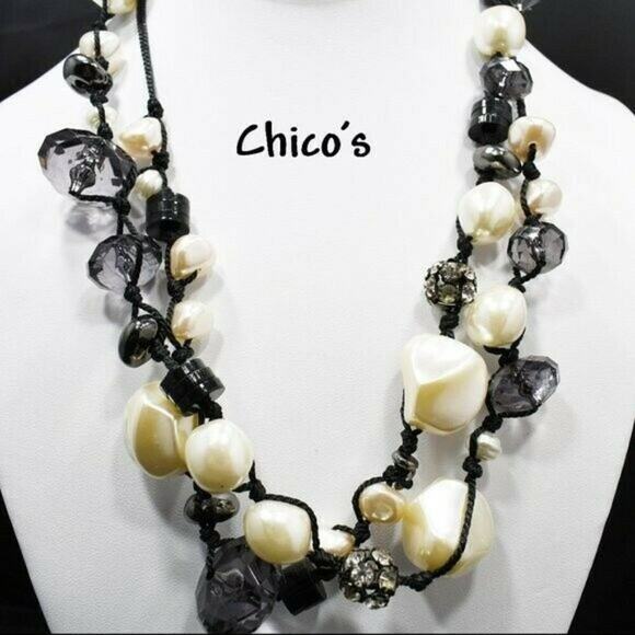 Chico’s Long Beaded Necklace Pearls Rhinestones Smoky Beads 47 Inches - Picture 1 of 8